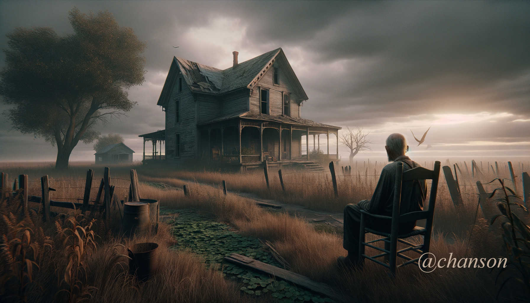 Elderly Person in Misty Landscape by Old House