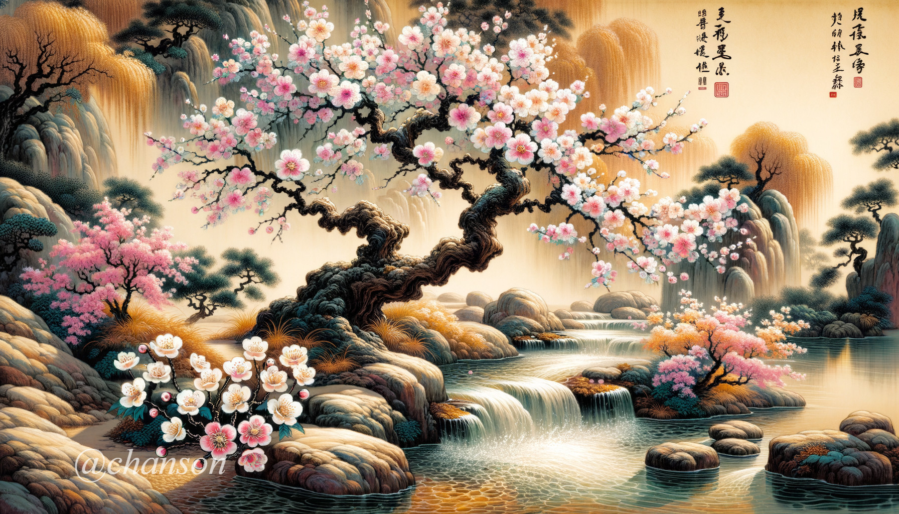 Traditional Asian Landscape with Cherry Blossom and Waterfall