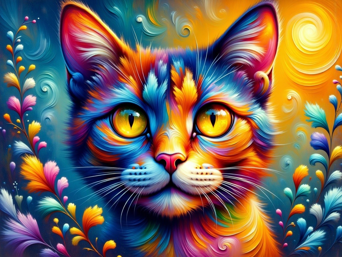 Colorful Cat Illustration with Floral Patterns