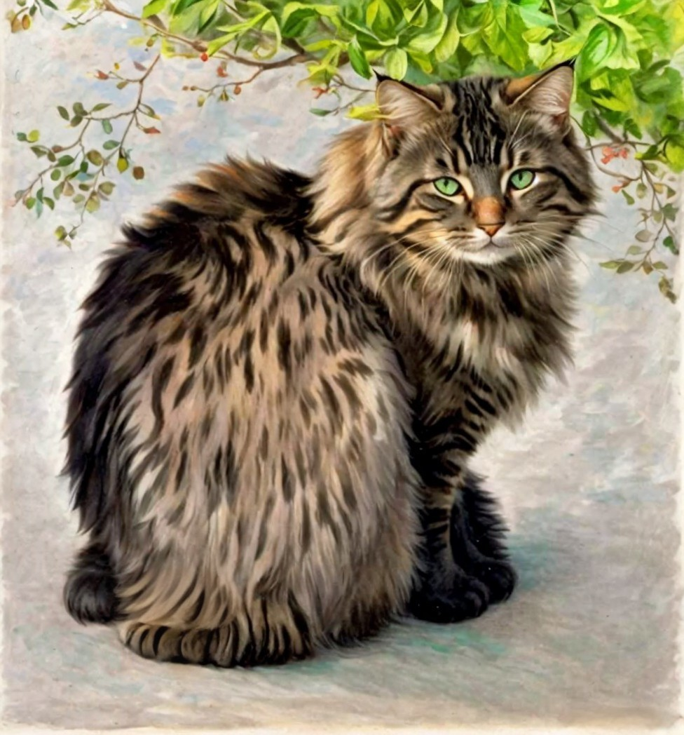 Fluffy Tabby Cat with Striking Gray and Black Stripes