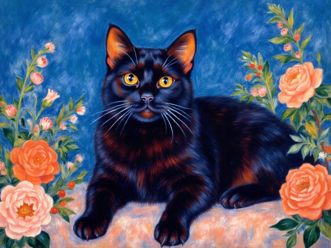 Black Cat with Yellow Eyes Amidst Pastel Roses