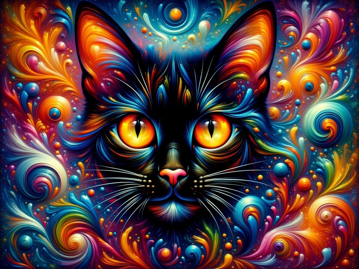 Psychedelic Cat Face Illustration with Colorful Background