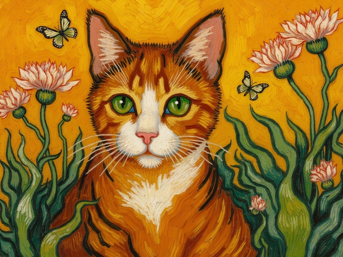 Vibrant Orange Tabby Cat Among Green Plants and Flowers