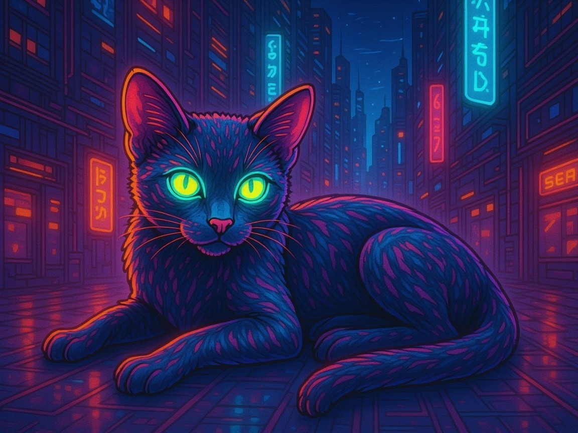 Vibrant Cat in Neon-Lit Urban Setting with Green Eyes