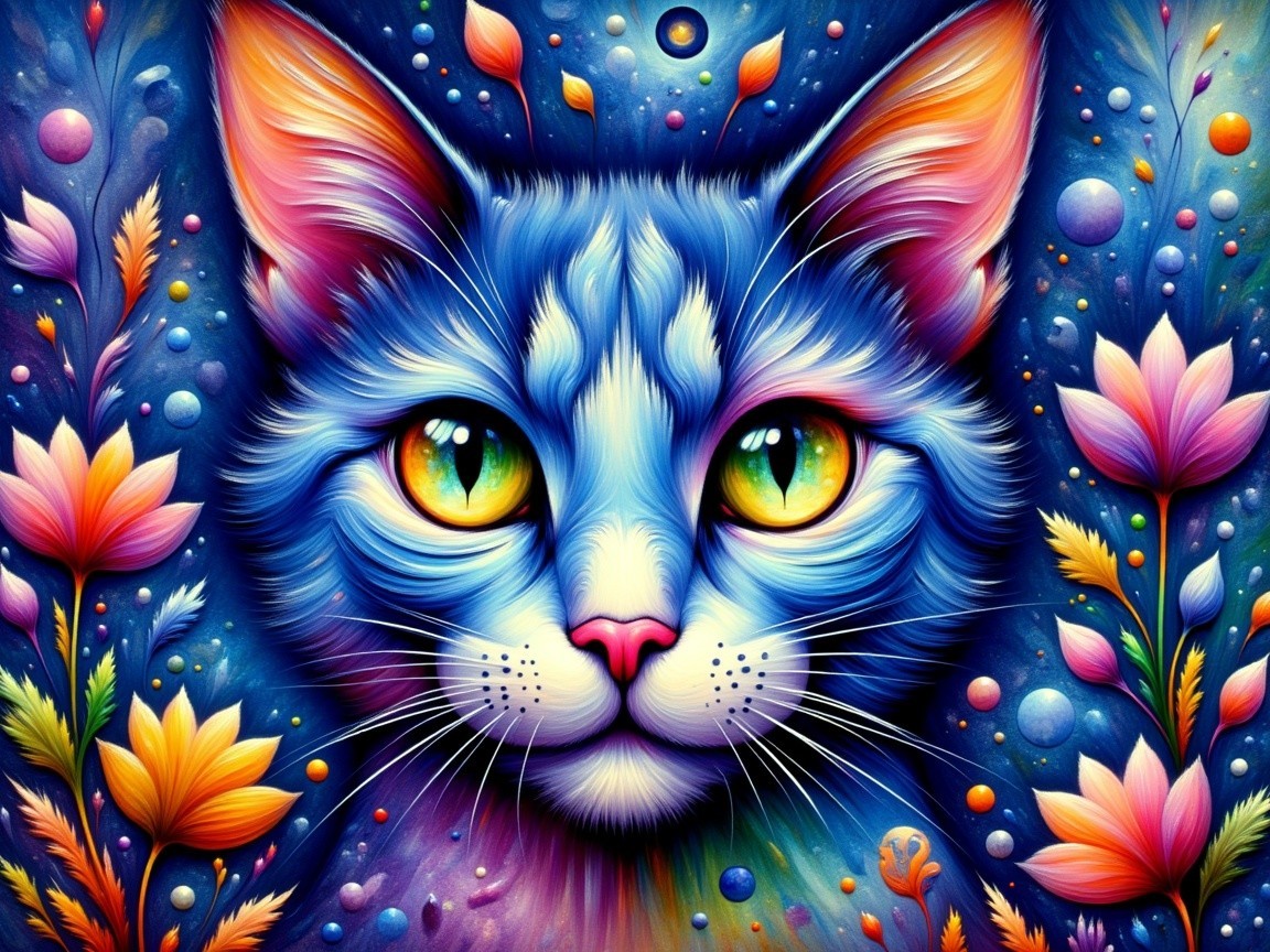 Colorful Illustration of a Cat's Face with Details