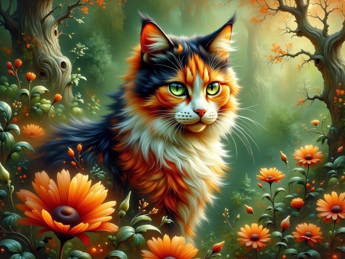 Calico Cat in a Colorful Forest with Flowers