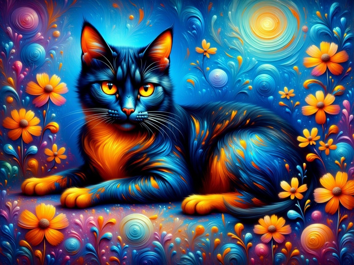 Colorful Cat Artwork with Blue and Orange Patterns
