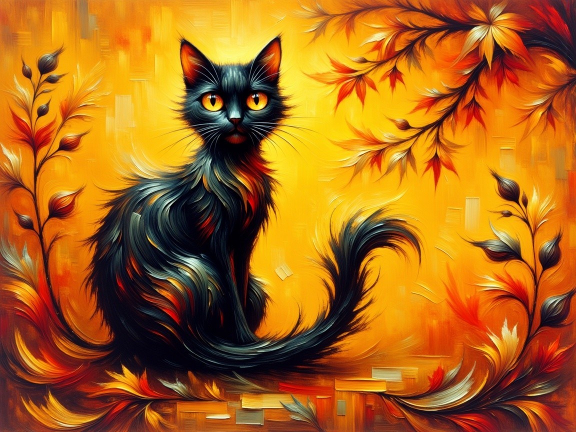 Black Cat with Orange Eyes Among Autumn Leaves