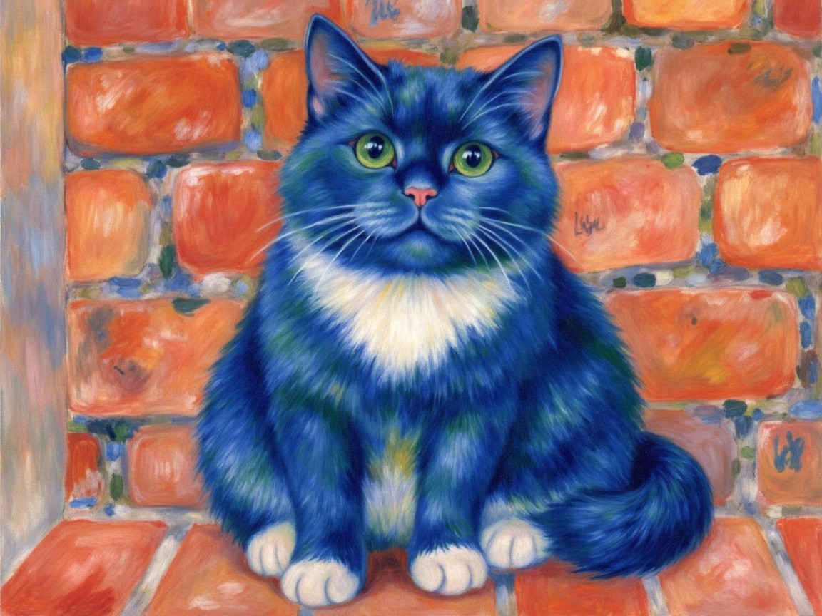 Whimsical Painting of a Blue Cat Against Brick Wall