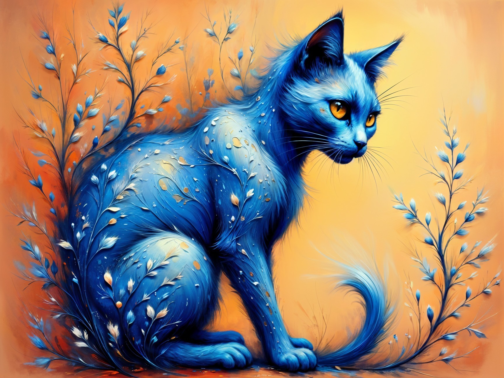 Surreal Blue Cat with Intricate Foliage Patterns