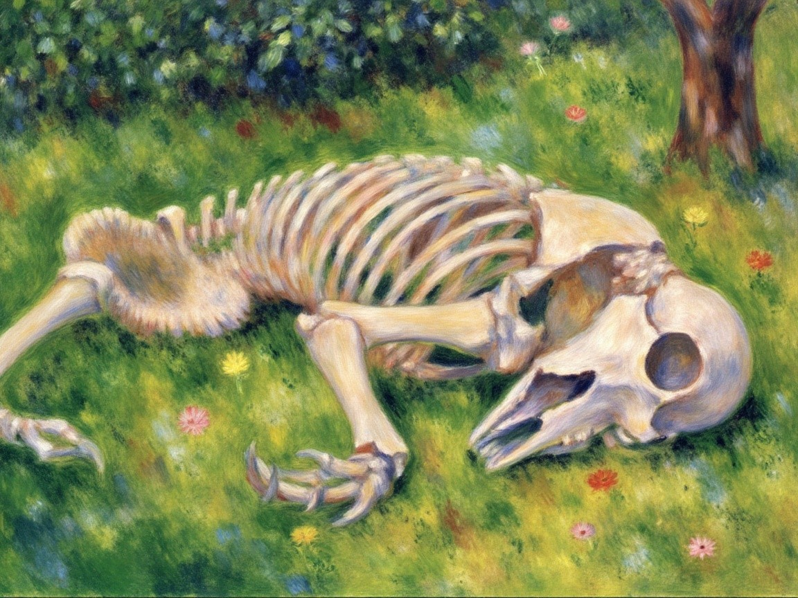 Skeletal Figure on Green Grass Surrounded by Flowers