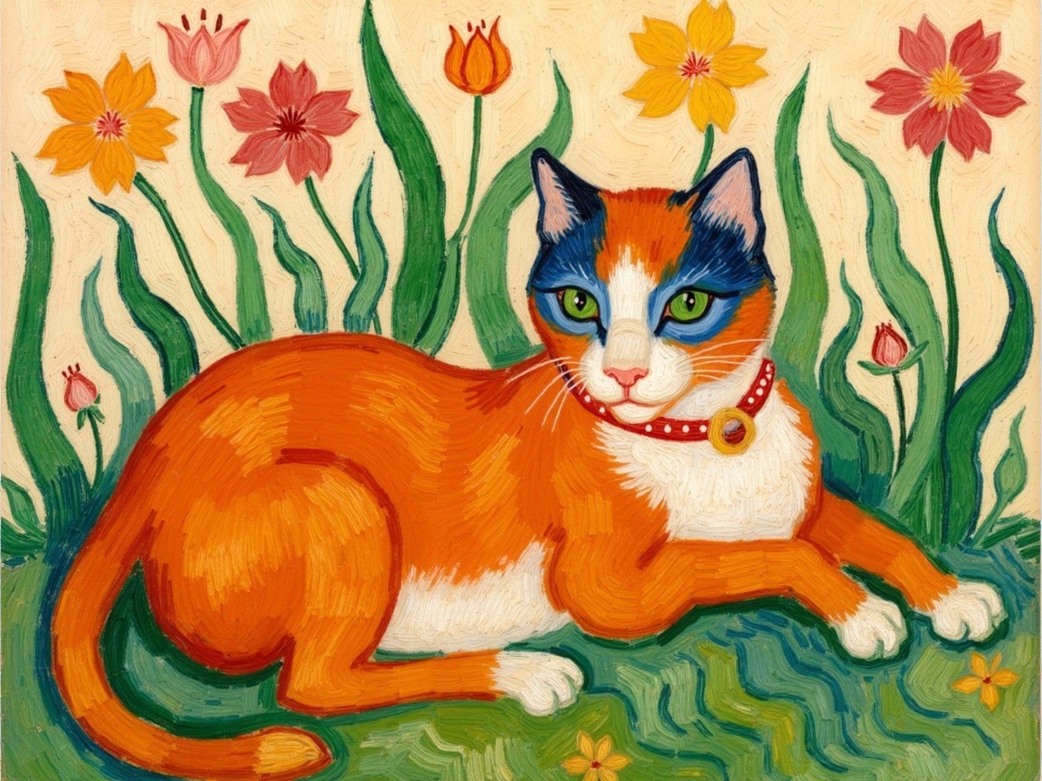 Vibrant Illustration of Orange Cat with Blue Markings