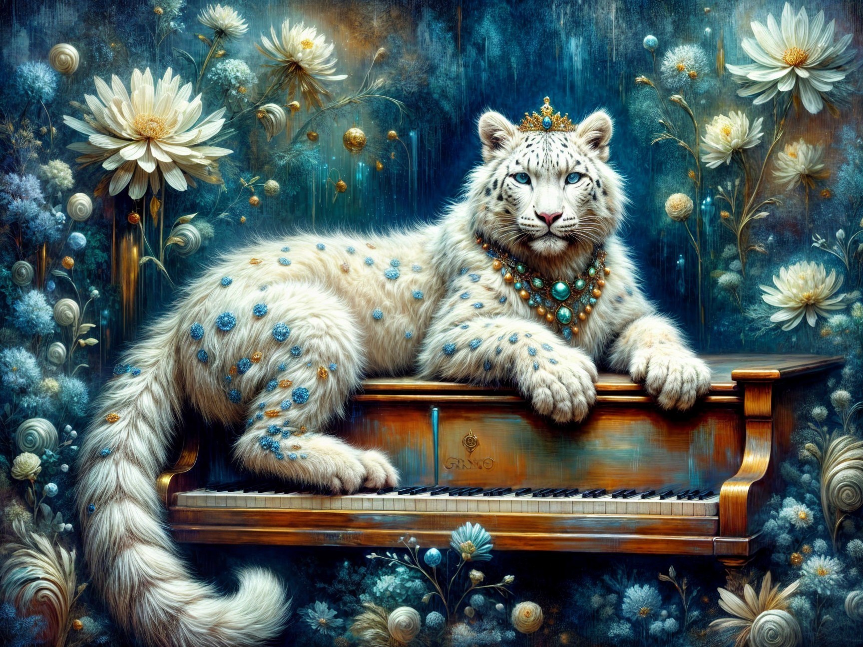 Majestic white tiger on ornate piano with flowers