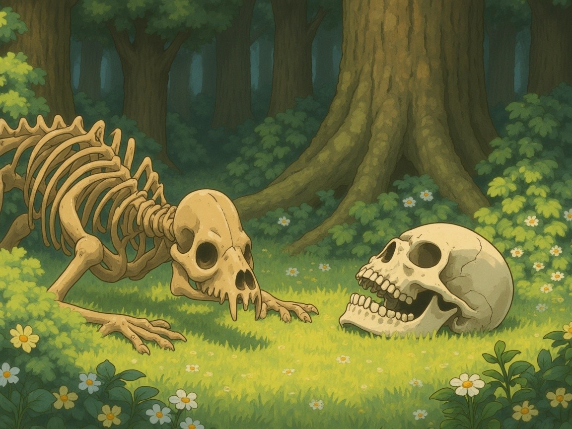 Skeletons in a Forest Clearing Surrounded by Flowers