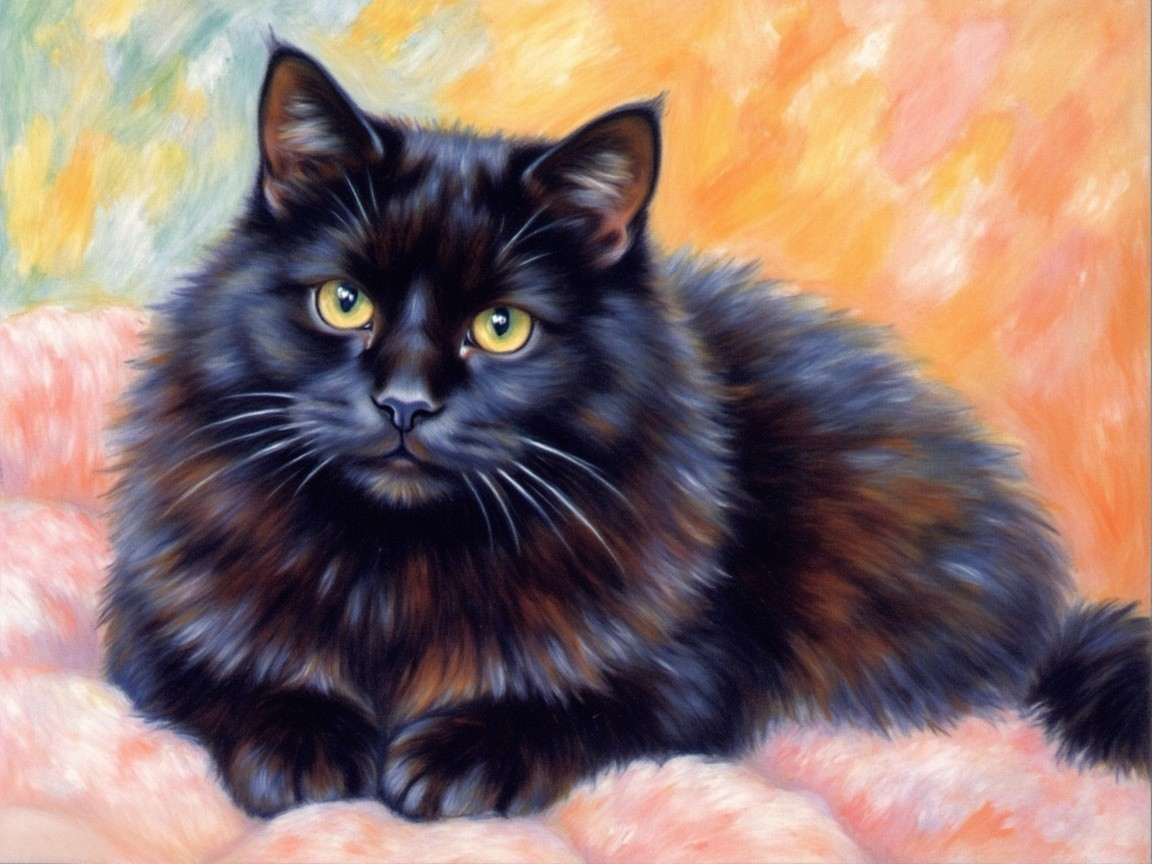 Fluffy Black Cat with Yellow-Green Eyes in Cozy Setting