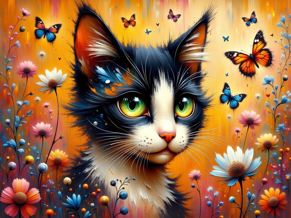 Whimsical Cat Portrait with Flowers and Butterflies