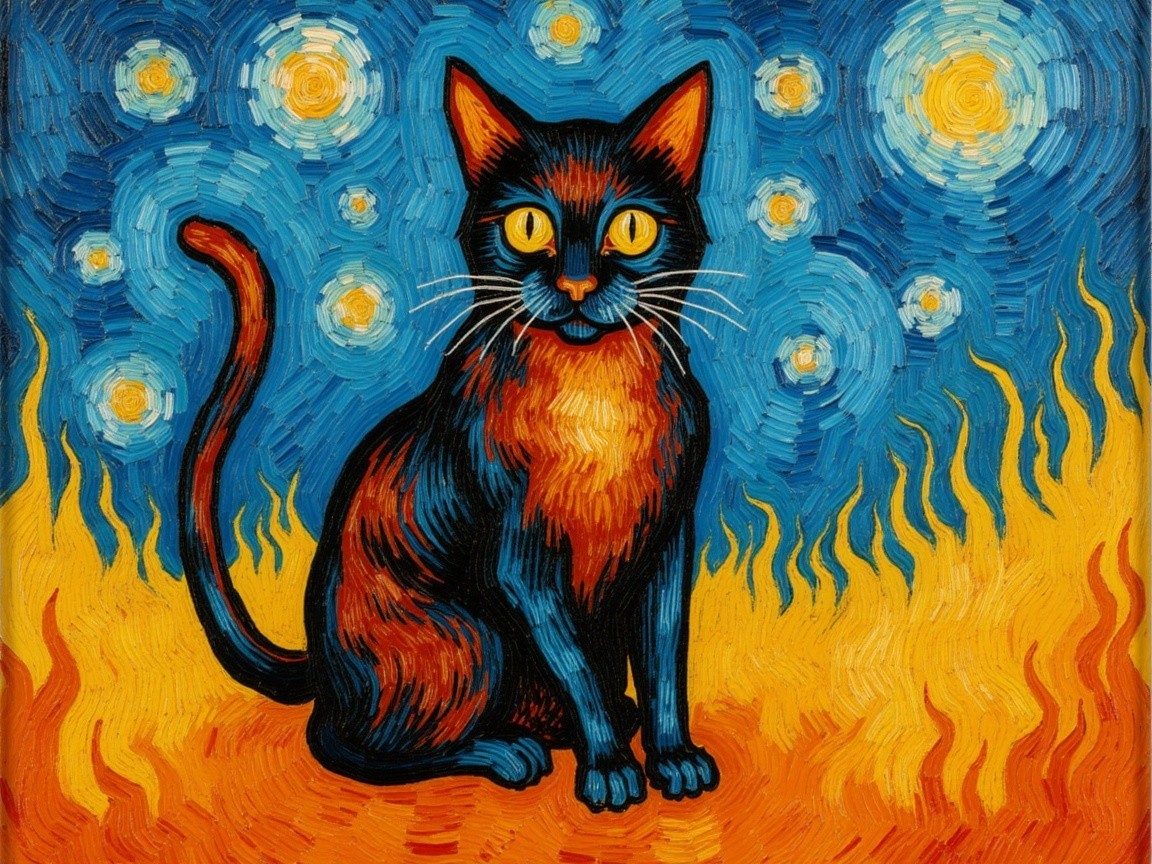 Stylized Cat with Vibrant Colors and Dynamic Background