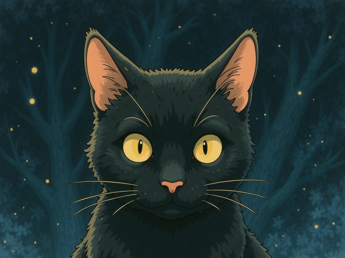 Black Cat with Yellow Eyes in Enchanting Setting