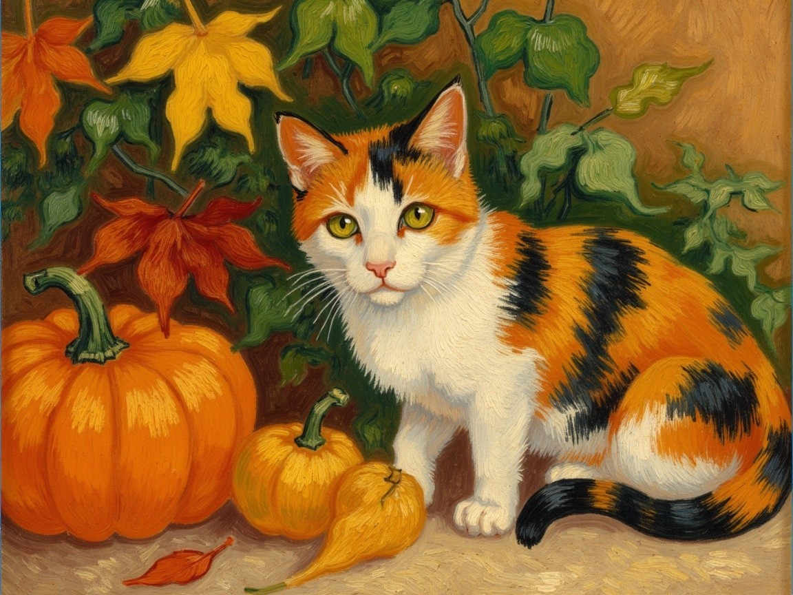 Calico Cat Surrounded by Autumn Leaves and Pumpkins