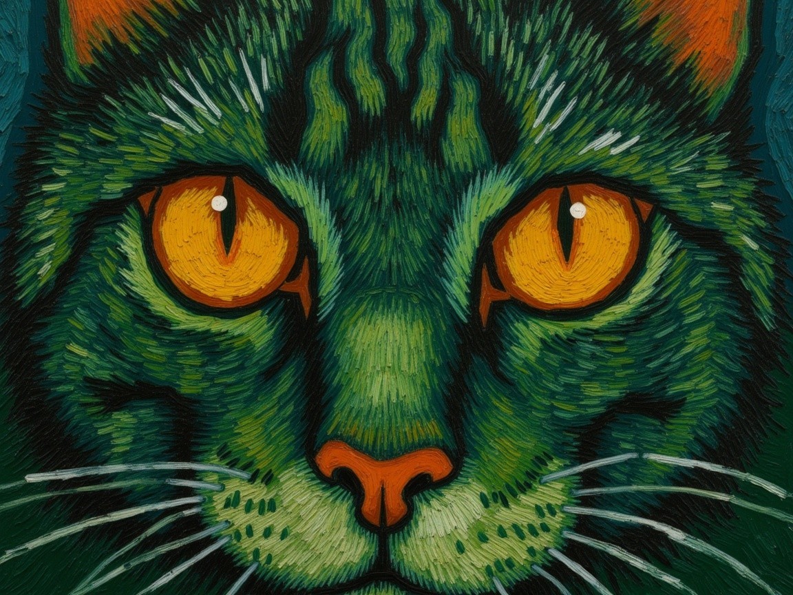 Stylized Cat Face with Green Fur and Bright Eyes