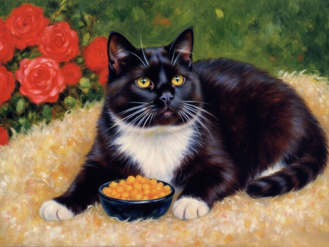Black and white cat with yellow eyes and roses