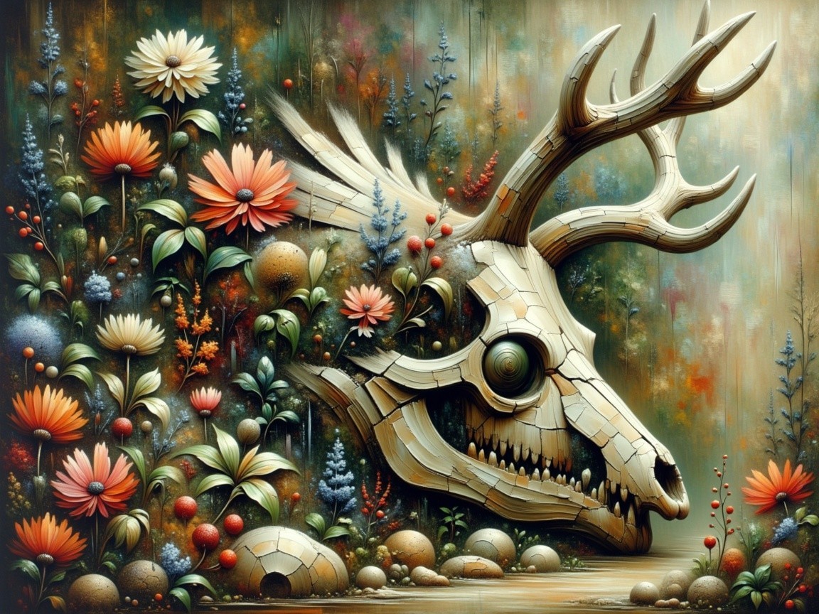 Skeletal Deer Skull Surrounded by Colorful Flowers