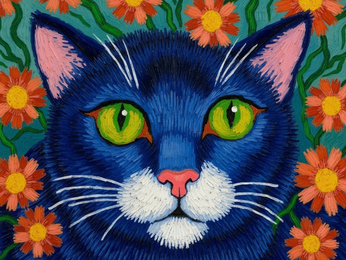 Vibrant Portrait of a Blue Cat with Green Eyes