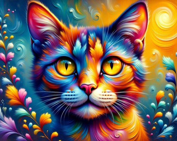 Colorful Cat Illustration with Floral Patterns