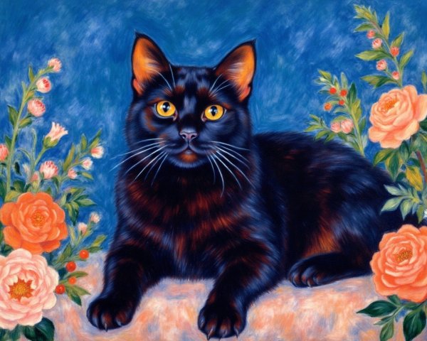 Black Cat with Yellow Eyes Amidst Pastel Roses