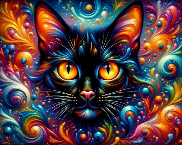 Psychedelic Cat Face Illustration with Colorful Background