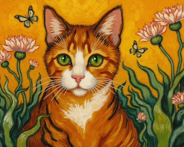 Vibrant Orange Tabby Cat Among Green Plants and Flowers