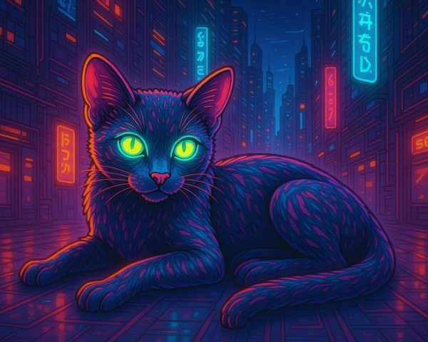 Vibrant Cat in Neon-Lit Urban Setting with Green Eyes