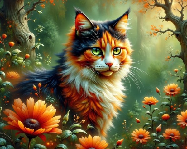 Calico Cat in a Colorful Forest with Flowers