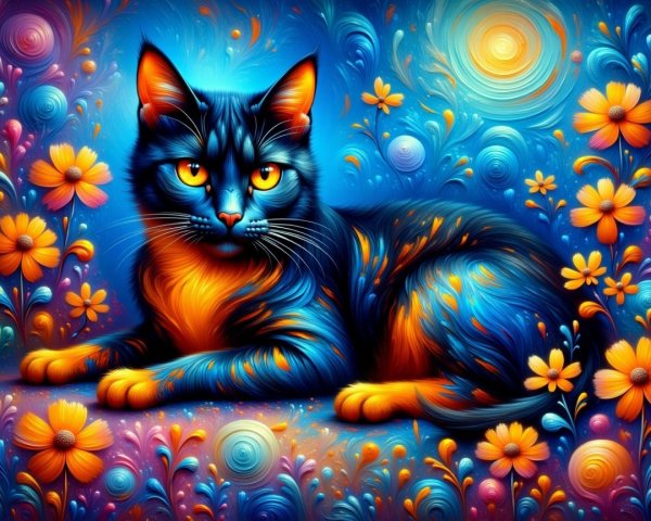 Colorful Cat Artwork with Blue and Orange Patterns