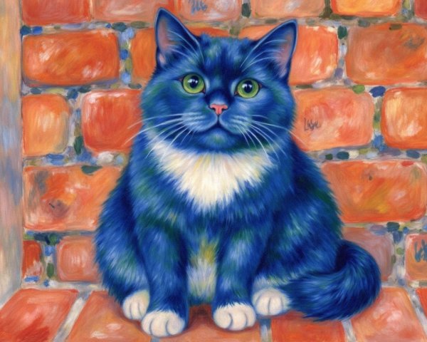 Whimsical Painting of a Blue Cat Against Brick Wall