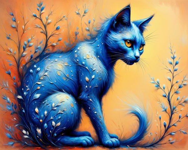 Surreal Blue Cat with Intricate Foliage Patterns