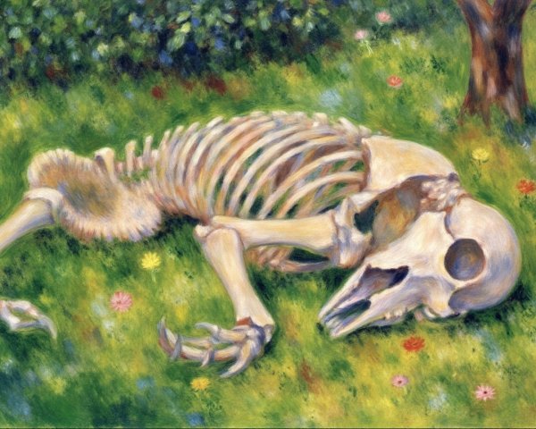 Skeletal Figure on Green Grass Surrounded by Flowers