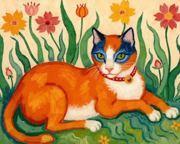 Vibrant Illustration of Orange Cat with Blue Markings