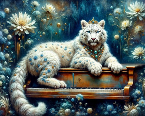 Majestic white tiger on ornate piano with flowers