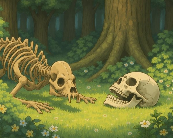 Skeletons in a Forest Clearing Surrounded by Flowers