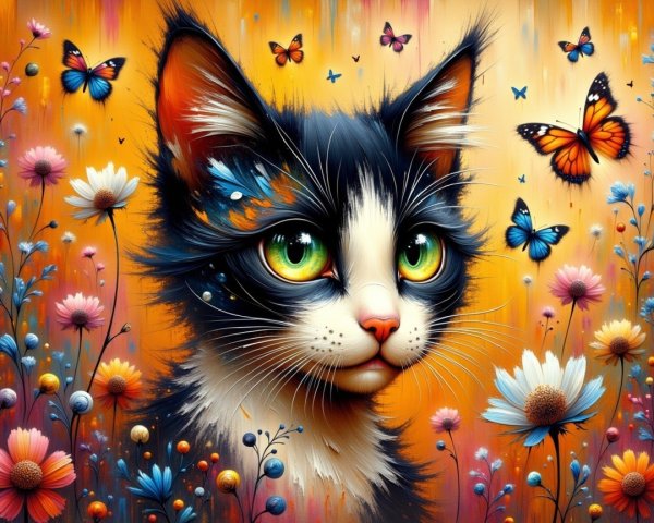 Whimsical Cat Portrait with Flowers and Butterflies