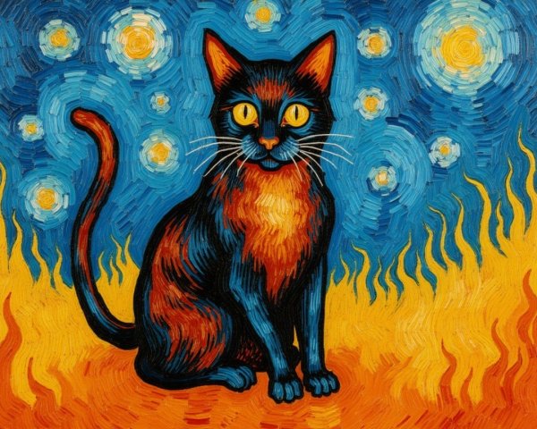 Stylized Cat with Vibrant Colors and Dynamic Background