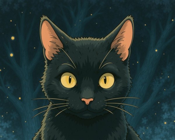 Black Cat with Yellow Eyes in Enchanting Setting