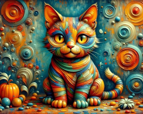 Whimsical Colorful Cat Surrounded by Playful Elements