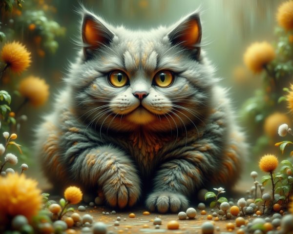 Fluffy Cat in a Vibrant Flower Garden Scene