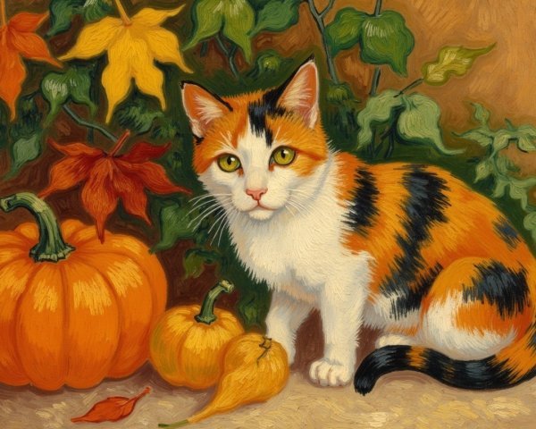 Calico Cat Surrounded by Autumn Leaves and Pumpkins