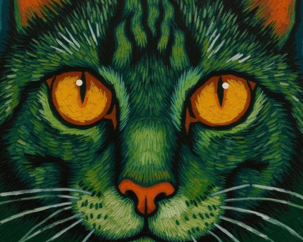 Stylized Cat Face with Green Fur and Bright Eyes