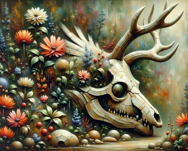 Skeletal Deer Skull Surrounded by Colorful Flowers