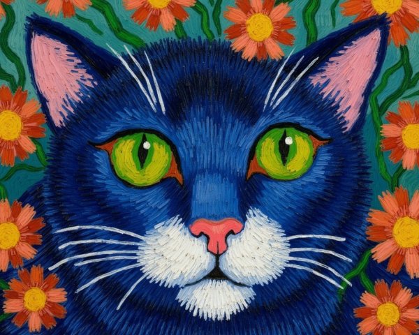 Vibrant Portrait of a Blue Cat with Green Eyes