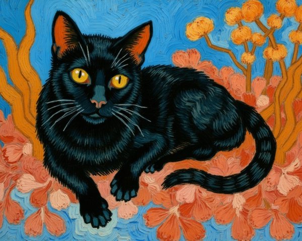 Black Cat Among Vibrant Coral Flowers and Branches